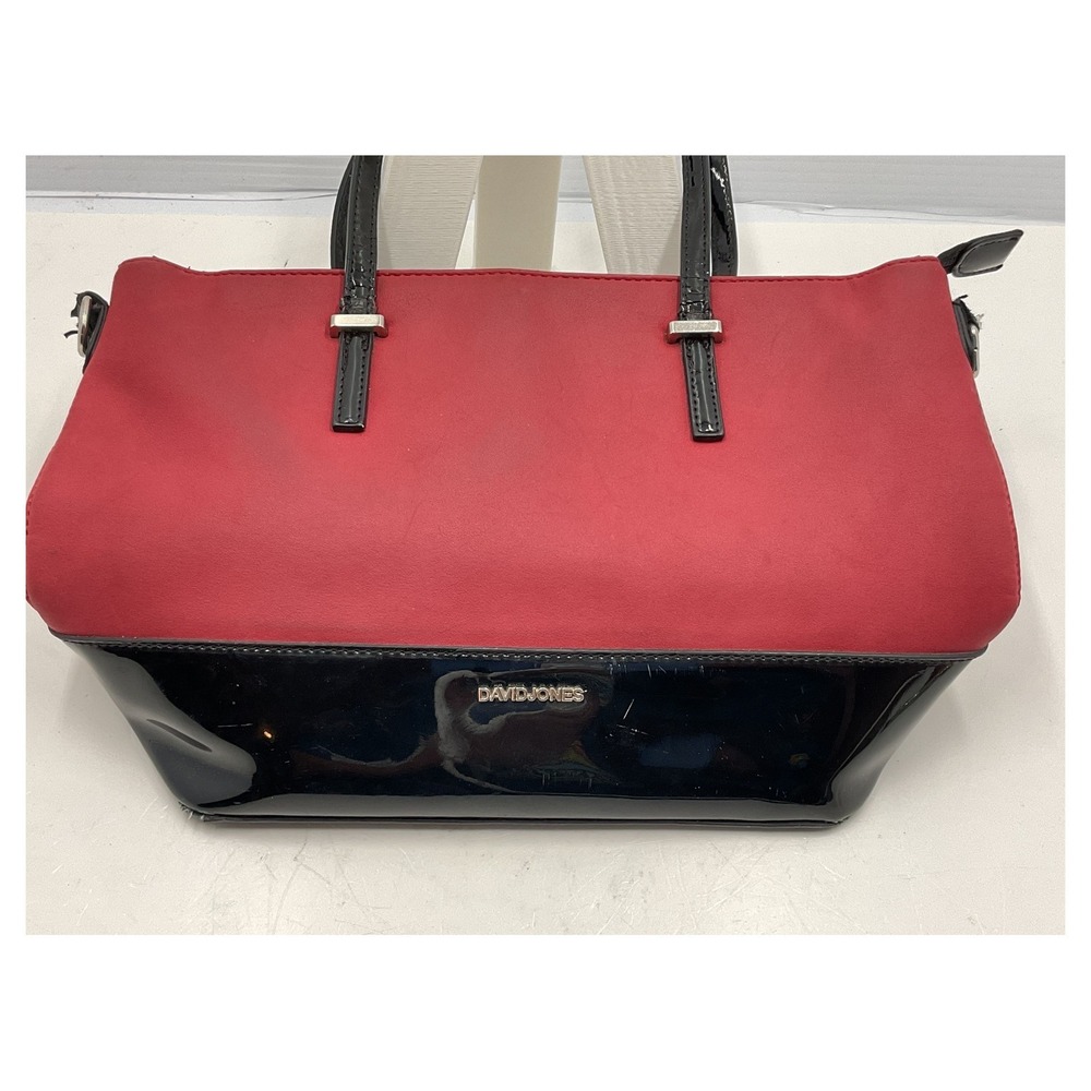 David Jones Red & Black Patent‎ Leather Tote Handbag Purse 14" with Strap